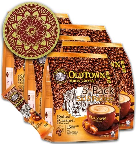5-Pack OLDTOWN (Salted Caramel) White Coffee 3 in 1 Asian Instant Coffee Package with a Cork Coaster, old town White Coffee 75 Packets with a Random Flavor Sample Packet