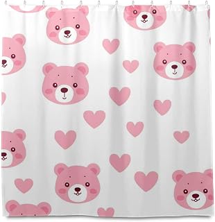 Cute Cartoon Pink Bear Water Repellent Cloth Shower Curtain Set with Hook Polyester Fabric Machine Washable Shower Curtain Liner Long for Stall Shower argollas para cortinas de ba?o 72x72 Inch