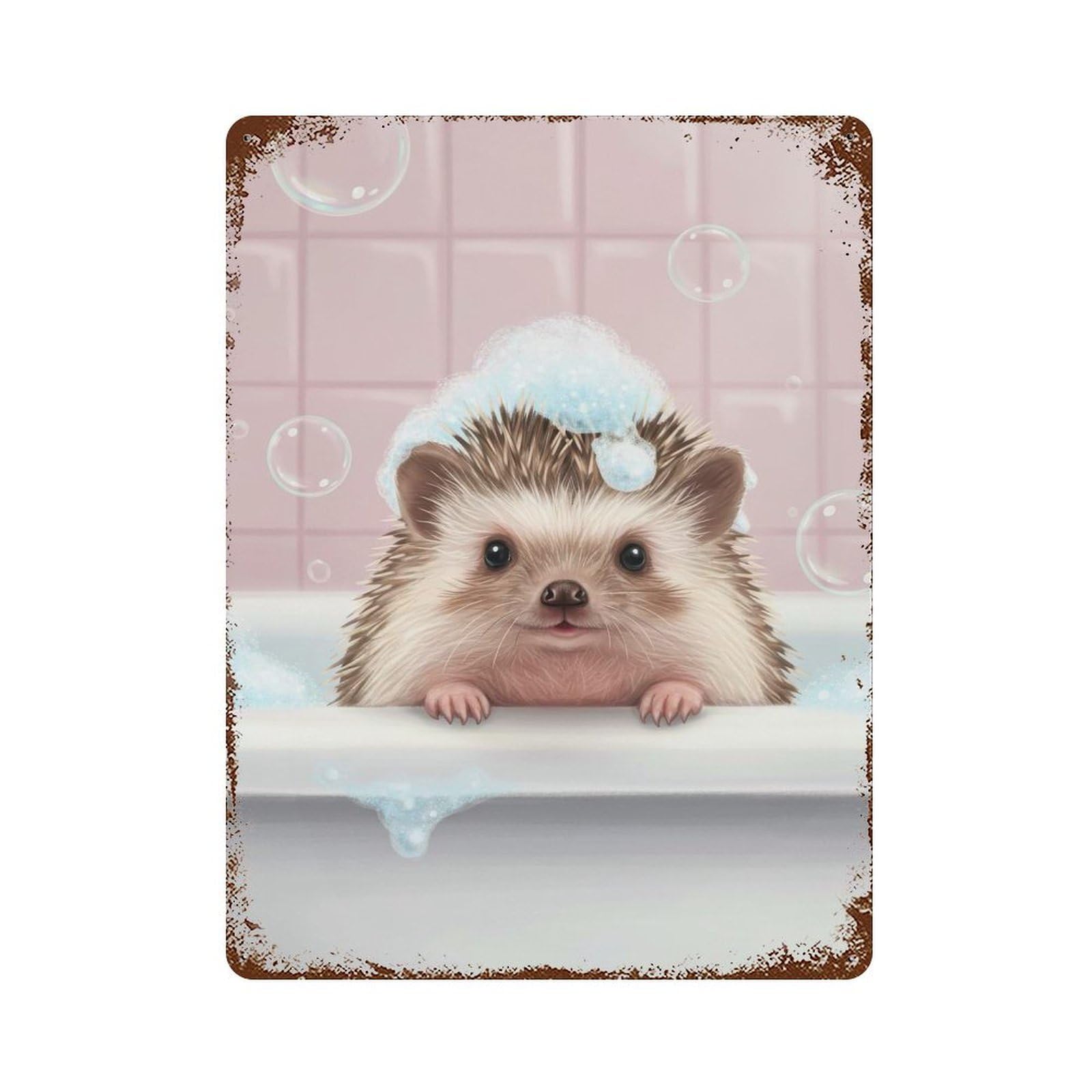 Vintage Rust Metal Sign with Hedgehog in Bathtub with Bubbles Design 15.7"x11.8", for Shed, Workshop And Garage Wall Decor, Classic Wall Plaque