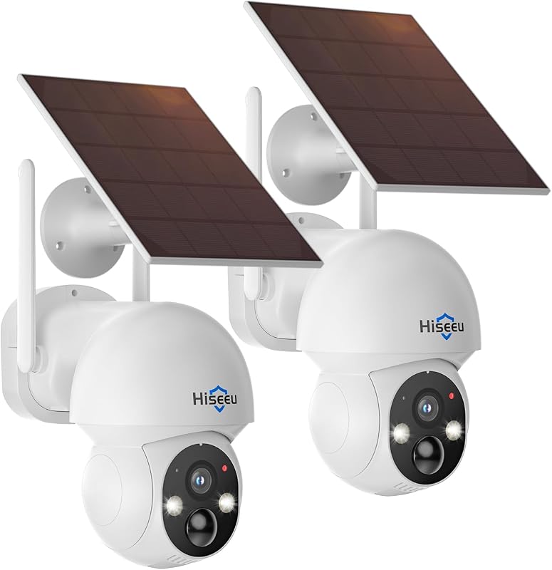 Hiseeu Solar Security Camera, 2PCS 4MP Wireless WiFi Camera Outdoor, PTZ 360° View, PIR Motion Detection, Color Night Vision, IP66, 2-Way Audio, 2.4G WiFi, No Monthly Fee | PTZ 360° View, PIR Motion Detection, Color Night Vision, IP66, 2-Way Audio, 2.4G WiFi, No Monthly Fee