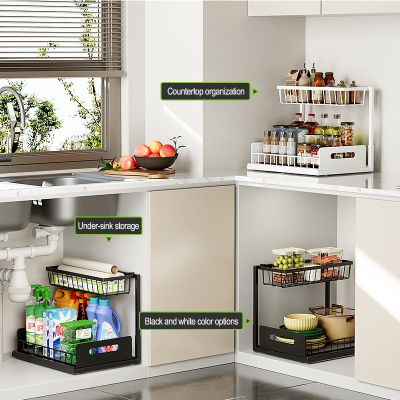 Under Sink Organizer, 2 Tiers Sliding Pull-Out the Under Kitchen Bathroom Sink Organizer and Storage, Multi-Purpose Cabinet Storage Shelf (Black) - Image 6
