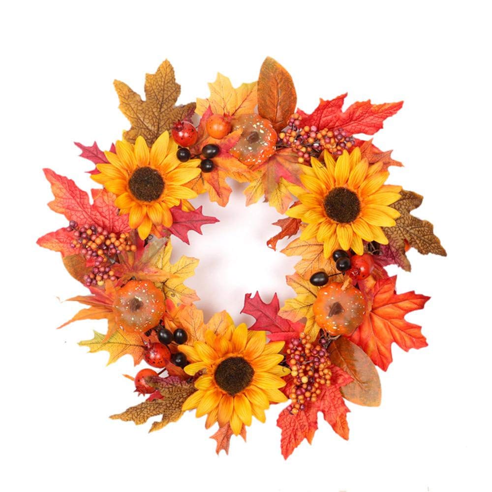 Guirlande De Noël Décoration Porte Ronde Guirlande De Fleurs avec Feuille D'Érable Citrouille Baies Rouges 45cm