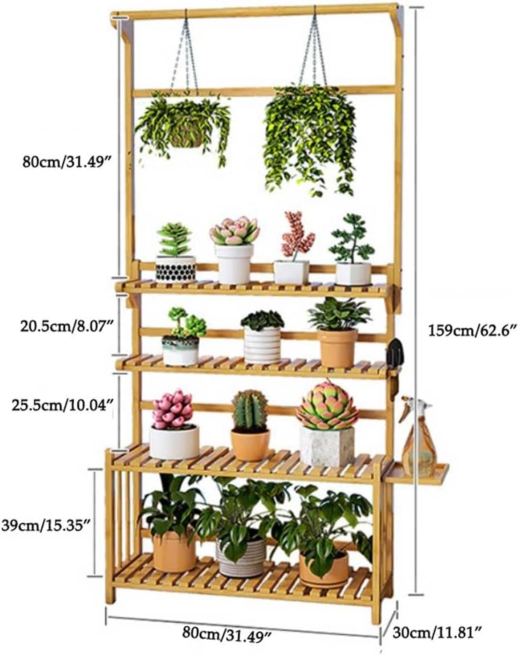 Bamboo Hanging Plant Stand Indoor Outdoor, 4 Tier Ladder Plant Shelf with Hanging Rod for Multiple Plant, Floor Standing Flower Pot Display Organizer for Patio Balcony Porch Living Room