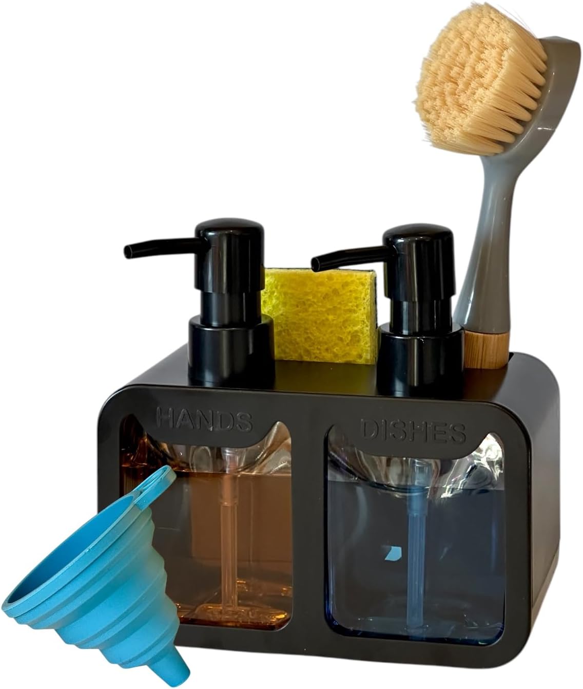 Esby Soap Dispenser Set, 4-in-1 Dish Soap Dispenser for Kitchen Sink, Space Saving Hand Soap Dispenser, Built-in Sponge and Brush Holder, Kitchen Organizer, Collapsible Funnel for Easy Refill (White)