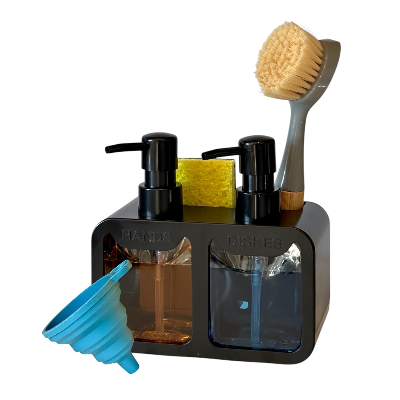 Esby Soap Dispenser Set, 4-in-1 Dish Soap Dispenser for Kitchen Sink, Space Saving Hand Soap Dispenser, Built-in Sponge and Brush Holder, Kitchen