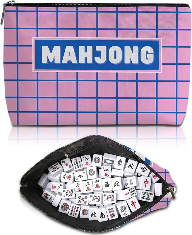 Bolsa para peças de Mahjong Blue Leaves Pink Blue Grid, com zíper, 20,07 x 10,41 x 18,8 cm