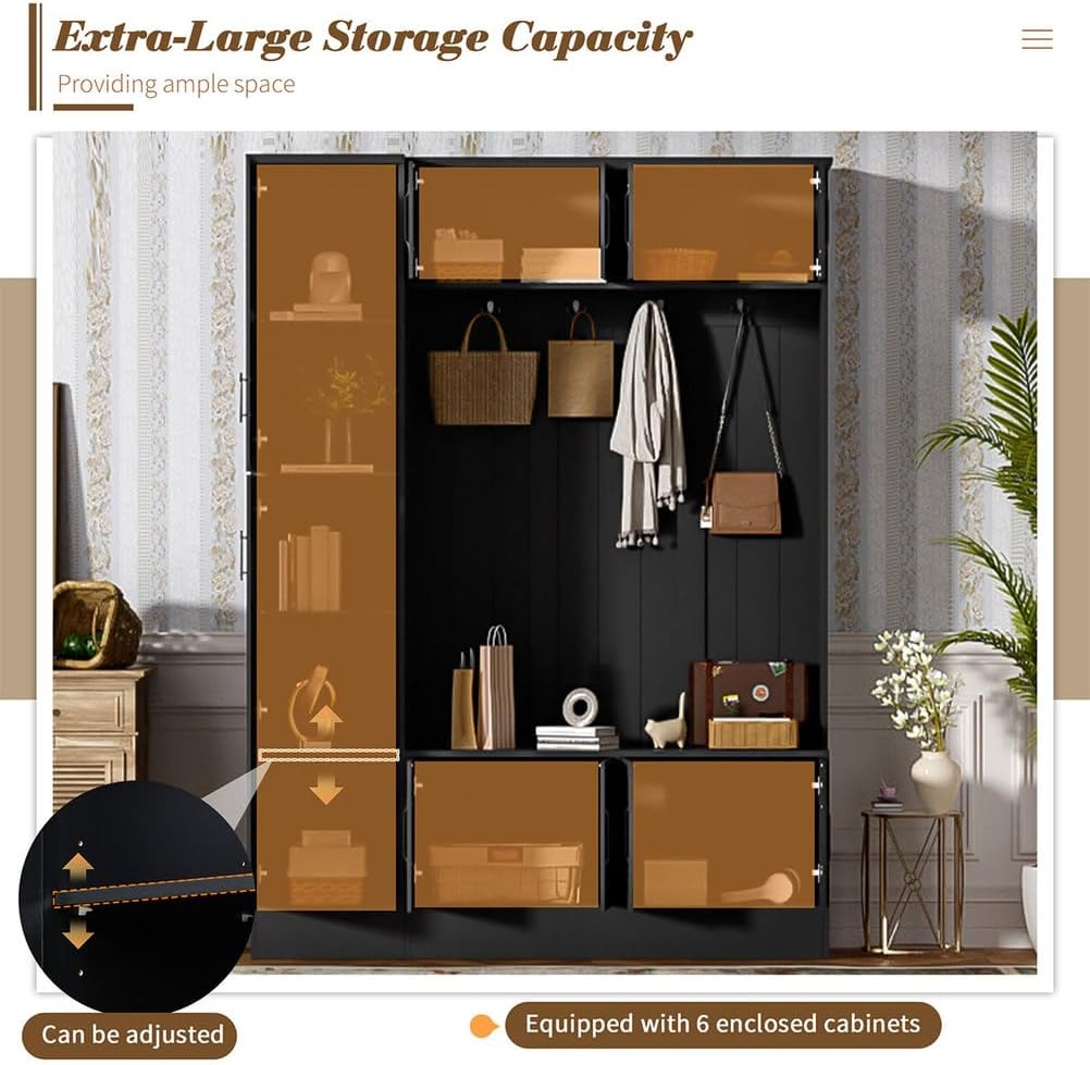 Entryway Hall Tree with Bench, Coat Rack & Storage Cabinets, Modern Hallway Organizer with 4 Hooks, Adjustable Shelves, and Shoe Storage, Wood Mudroom Furniture, 59''W × 15.7''D × 79''H,Black