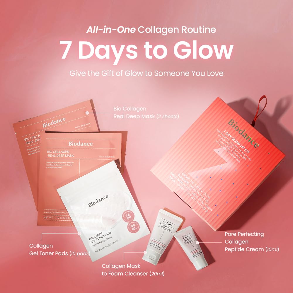 BIODANCE 7 Day Glow Up Kit: Holiday Collagen Gift Set for Glass-Skin, Christmas Gift, Stocking Stuffers for teen girls, Korean Skincare with Mask to Foam Cleanser, Toner Pads, Moisturizer, Gel Masks
