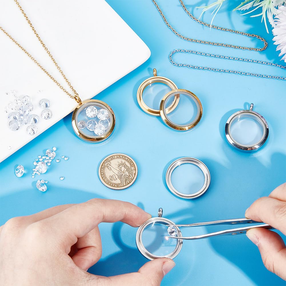DELORIGIN 4pcs Photo Locket Charms Necklace 2 Color Round Stainless Steel Locket Pendants Crystal Double-Sided Picture Frame Memory Locket Charm with 17.7inch Chain for Wedding Jewellery Making Photo - Image 3