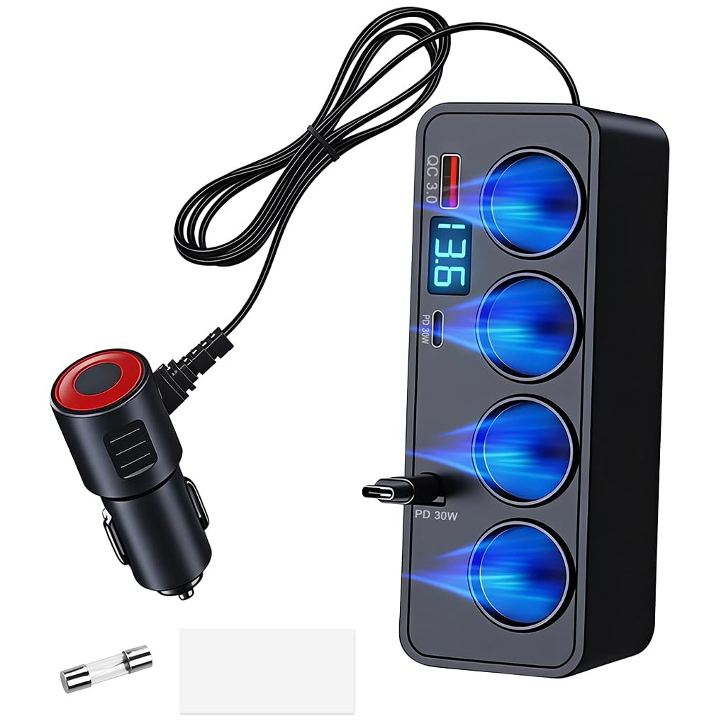 7 in 1 multi car cigarette splitter car 12v/24v car power adapter with 4 sockets, qc 3.0 usb a/c ports & retractable pd 30w type c charging cable, real time voltage display