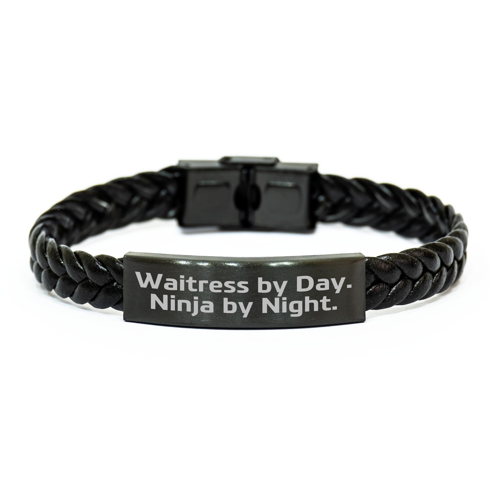 Waitress By Day. Ninja By Night. Braided Leather Bracelet Birthday Unique Gift for Women from Friends Family Coworkers, Unique Quote with Stainless Steel PU Leather