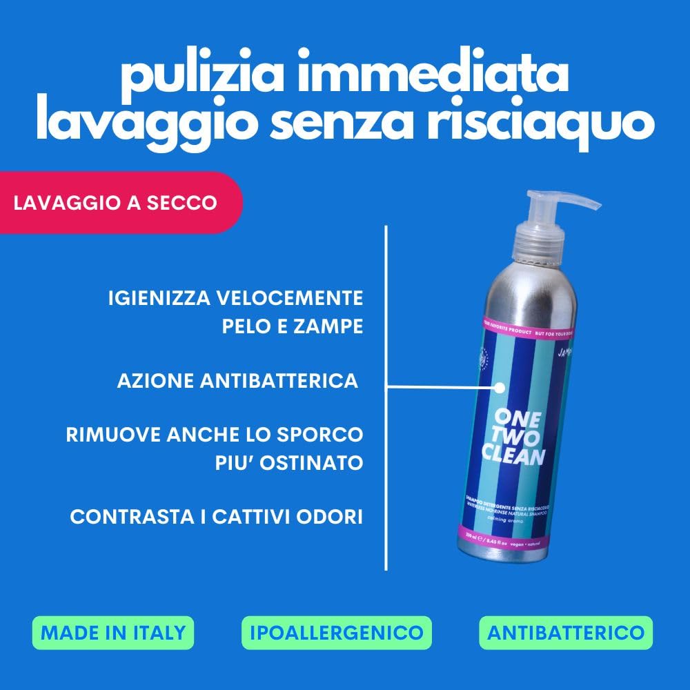 JAMPY Gel Detergente Senza Risciacquo Per Cani e Cuccioli. Shampoo Secco Senza Parabeni o Siliconi. Igienizzante, Elimina i Cattivi Odori. Adatto a Pelli Sensibili. 98% Naturale - 250 ml.