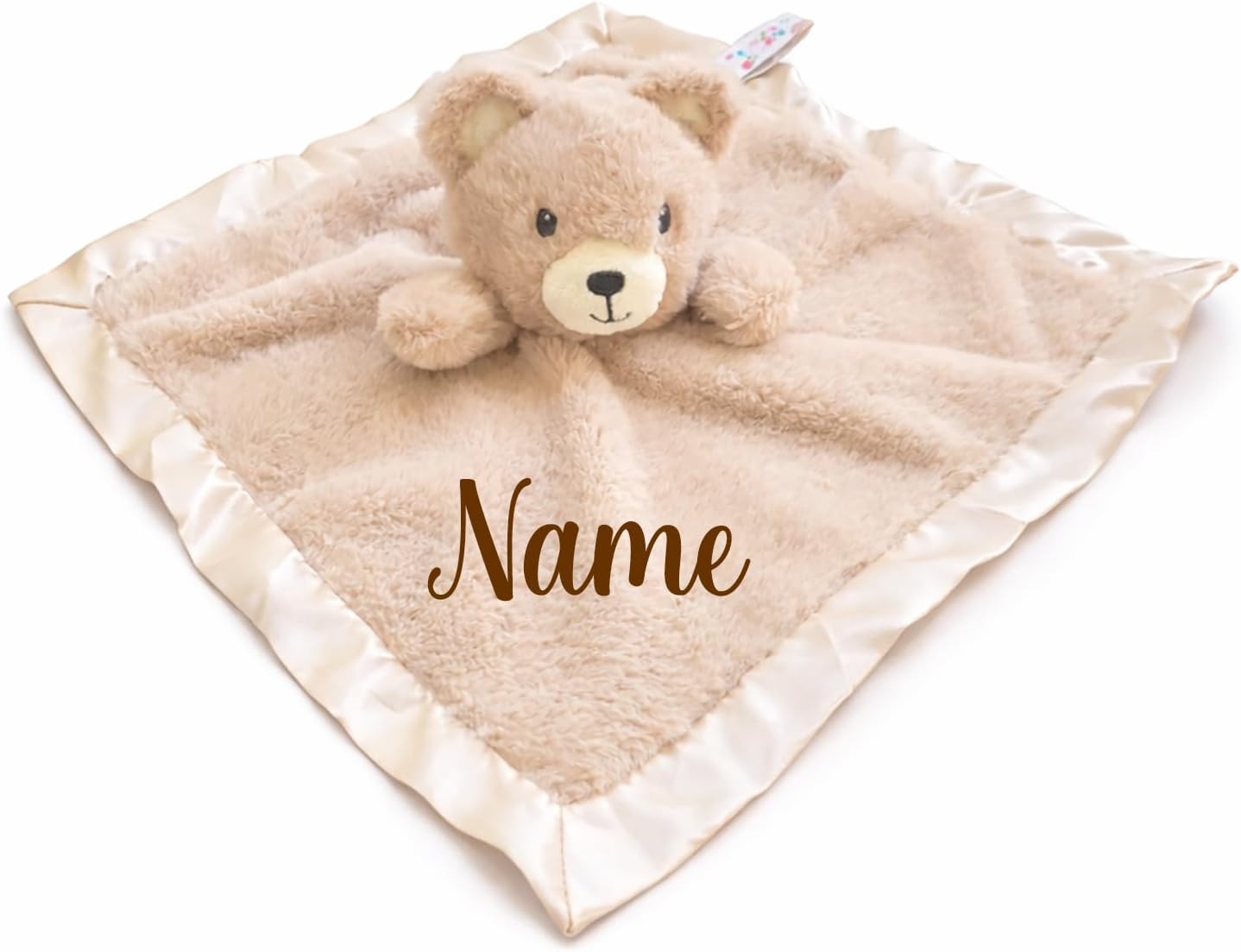 SONA G DESIGNS Personalized with Name Bear Lovie Security Blanket, Tan Plush with Satin Trim 14x14 Inches, Baby Sleep Aid, 0-36 Months