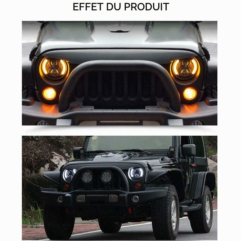 argenté phare rond LED 7 pouces blanc jaune Daymaker clignotant | projecteur anneau halo yeux pour Defender 90 110 RHD phare 5000lm 3000lm 10-30V J/eep CJ-7 2PCS