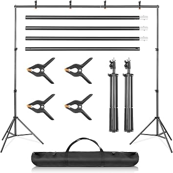 Adjustable Backdrop Stand Kit - 2x3m 6.5x9.8ft Photography Background Support System with Carrying Bag and 4 Clamps   Suitable for Photography and Video Studio