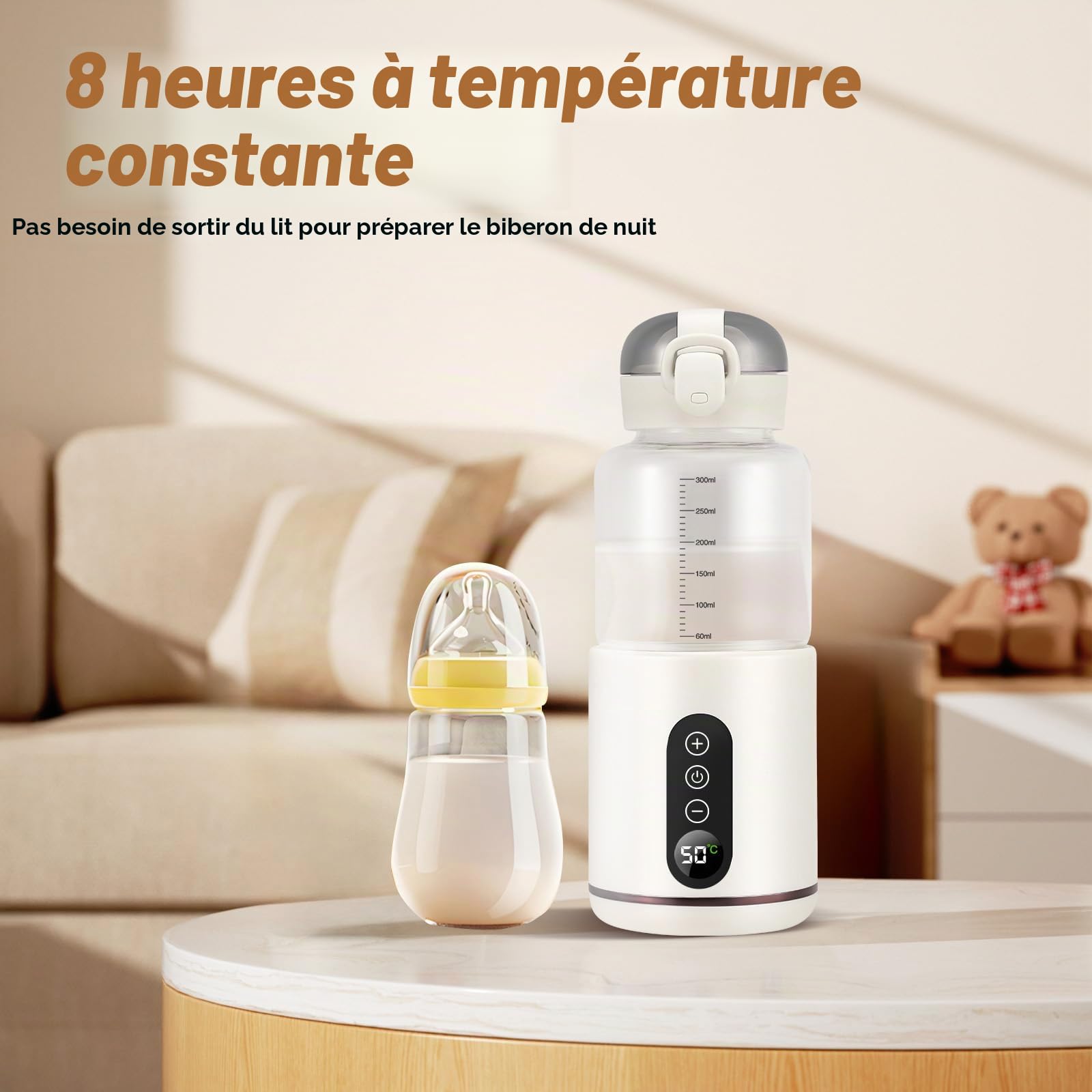QCXWCJWD Chauffe Biberon Nomade Portable Température Réglable 37 à 55°C, 300ml Chauffe de Lait avec Ecran LCD, Chauffe biberon sans BPA pour Voyage Promenades Voiture, Blanc