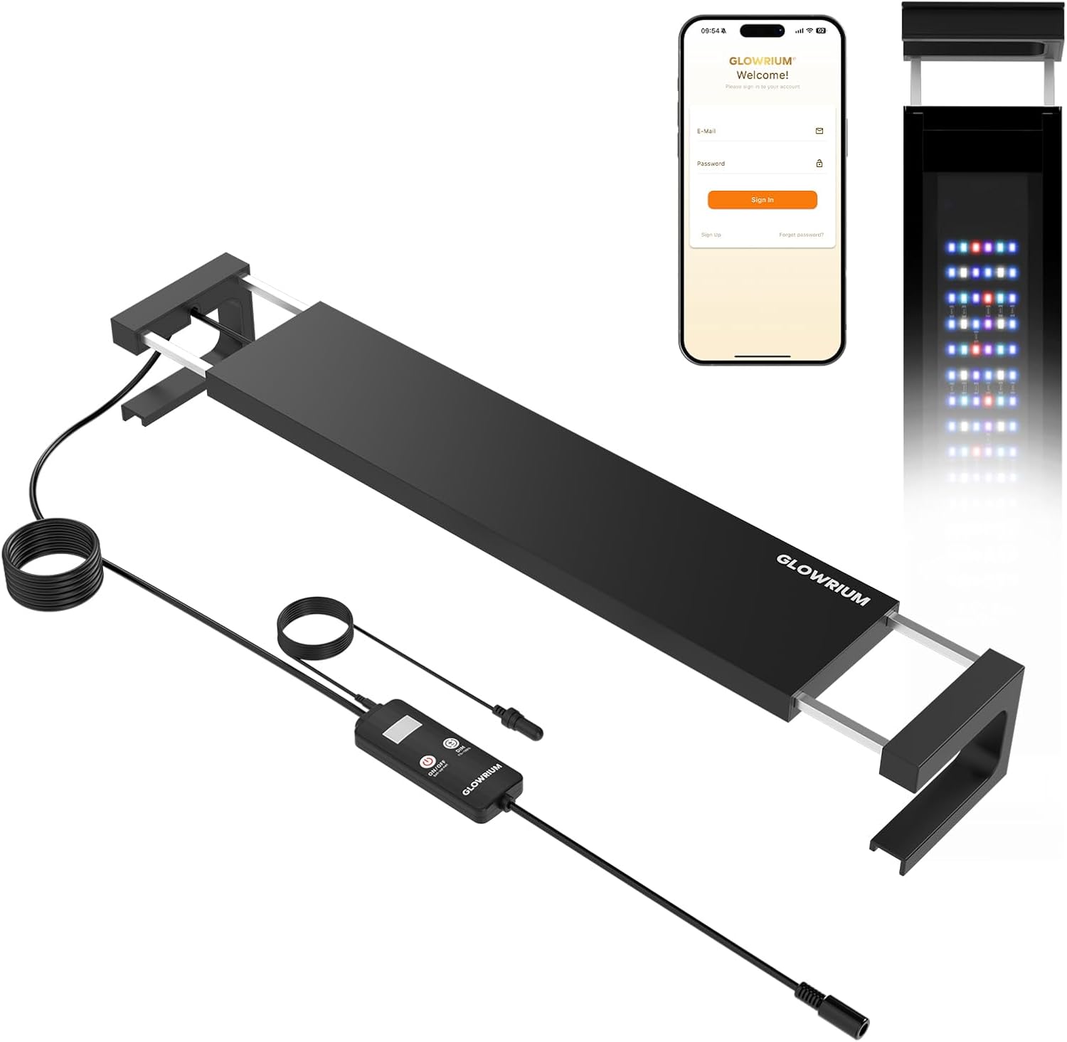 GLOWRIUM Saltwater Aquarium Light, Smart Reef Coral Fish Tank Light with Bluetooth + WiFi Dual Control App, DIY Spectrum, Brightness Adjustable, Anti-Drop, Real Time Water Temperature Sensor(24-30 in)