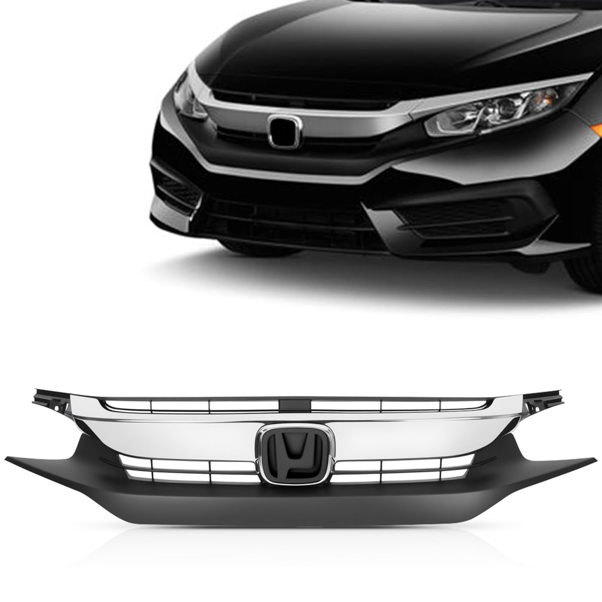 PartsFlow Front Bumper Grille Black With Chrome Grill For 2016 2017 2018 Honda Civic