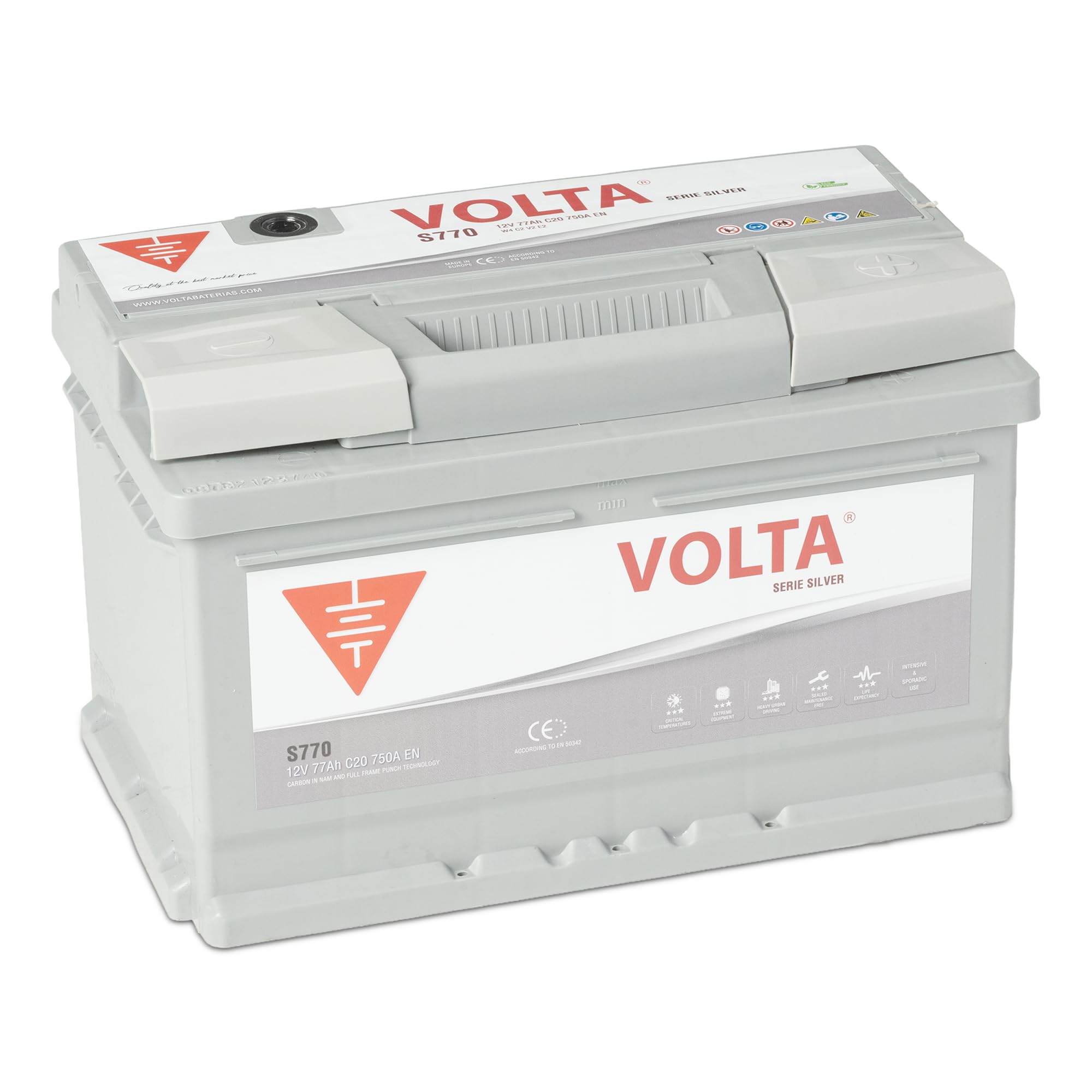 Bateria de Coche 77Ah 750A - Volta Silver S770D - Borne +​Dcha - Medidas Largo 278 x Ancho 175 x Alto 190 mm con 2 años de Garantía - Fabricación Europea.
