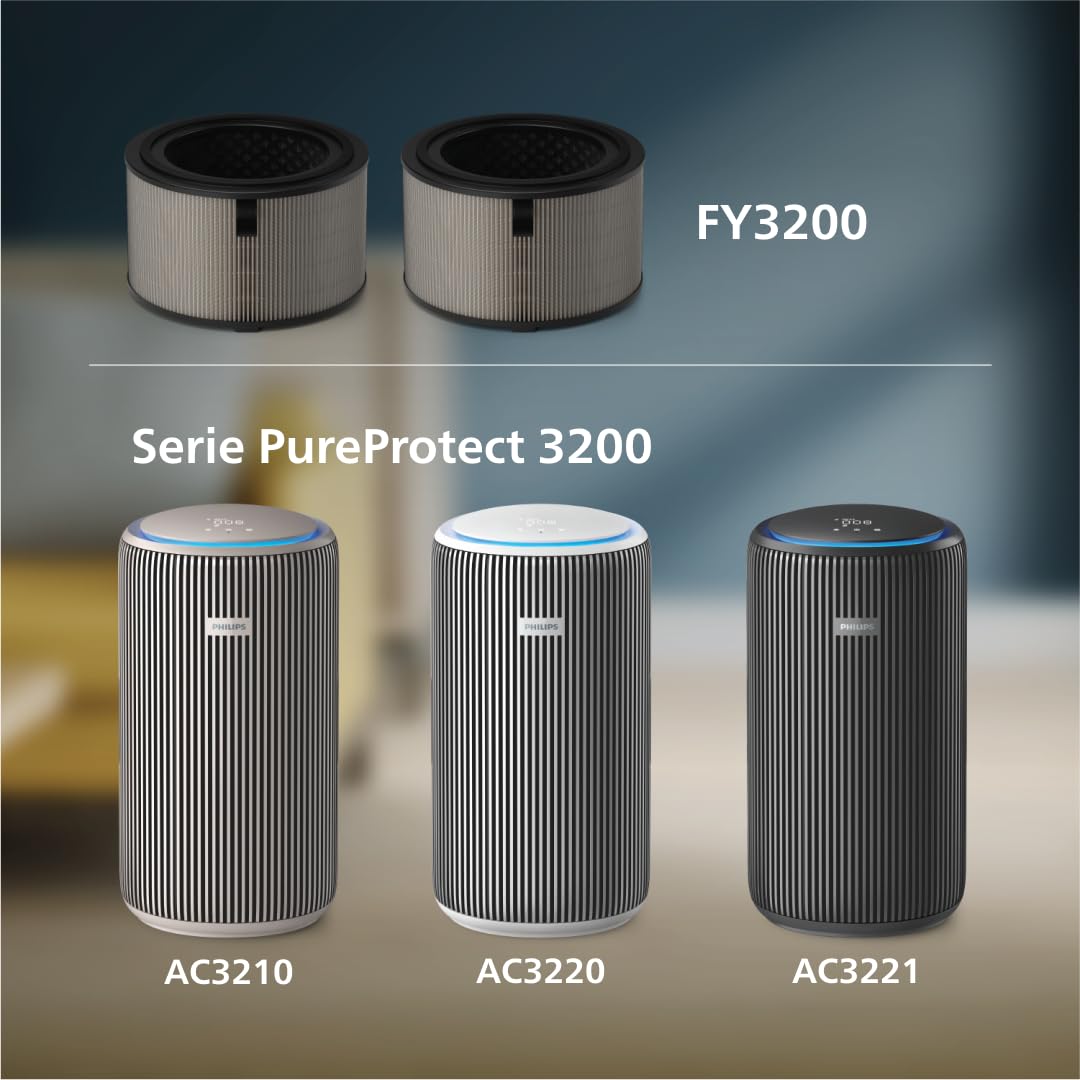 Filtro de repuesto original de Philips para los purificadores de aire AC3210, AC3220 y AC3221 de la serie 3200, HEPA NanoProtect + Active Carbon, 12 meses de duración, negro/blanco (FY3200/30)