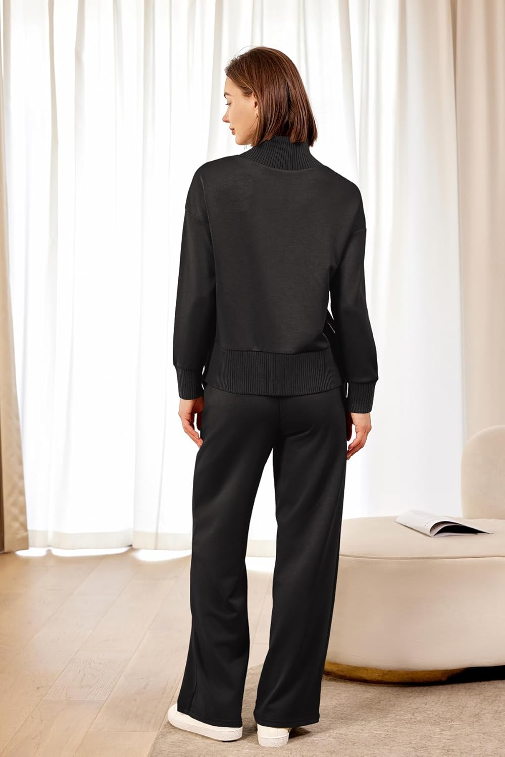 SENSERISE Womens 2 Piece Outfits Fall Matching Lounge Sets Mockneck Sweatshirt Wide Leg Pants Sweat Sets Tracksuit