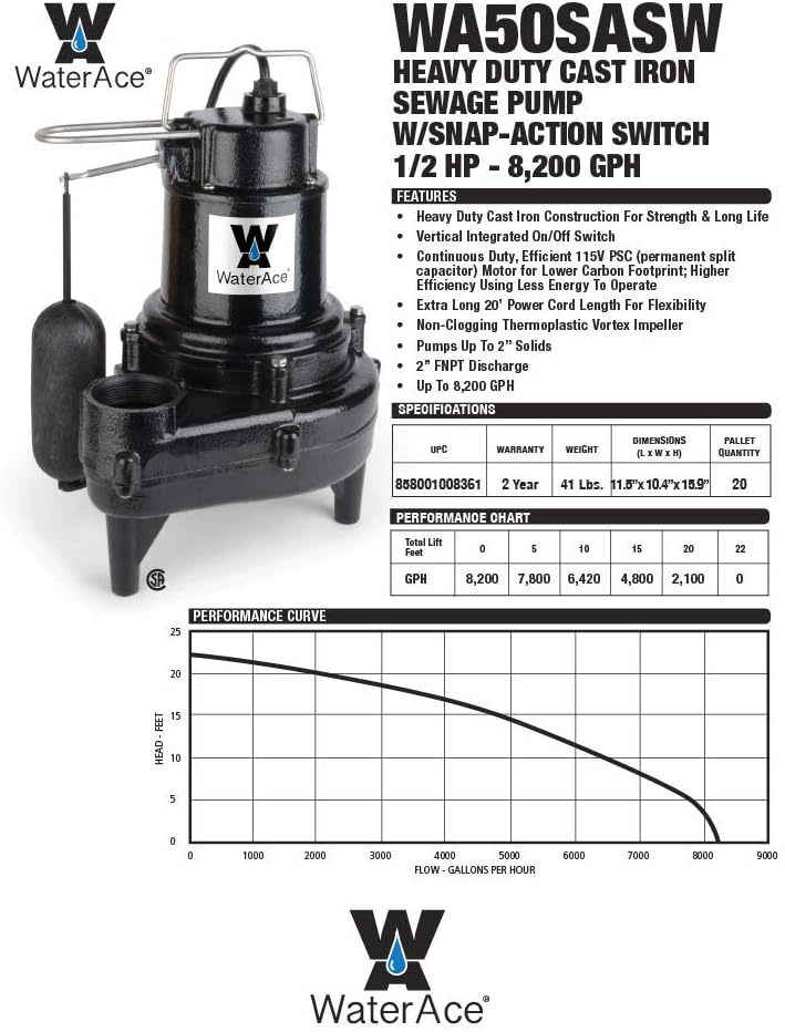 Bеѕt Quаlіtу 🔥 WaterAce WA50SASW Sewage Pump, Black