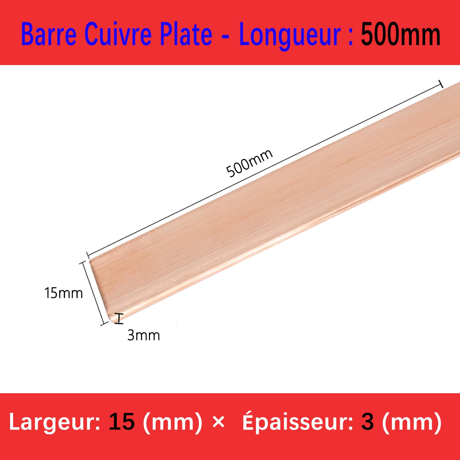 1 Pièces Plaque/Barre en Cuivre Plat 3 mm x 15 mm x 500 mm | Cuivre T2 99,9% pur – Haute conductivité électrique et thermique pour mise à terre et travail du métal.