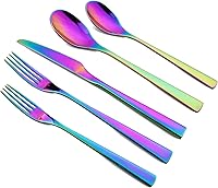 Vista 9 de JASHII Rainbow - Juego de cubiertos de 20 piezas de acero inoxidable 304 coloridos para 4, juego de vajilla para comer, acabado de espejo, mango