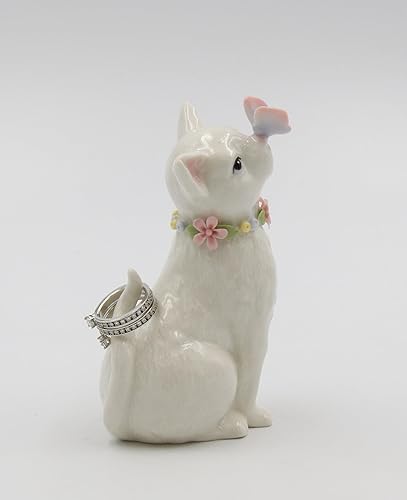 Miniatura 7 de Cosmos Gifts 11004 Gato de porcelana blanca con soporte para anillo de flores, 2 34 "x 2" x 4 12" H