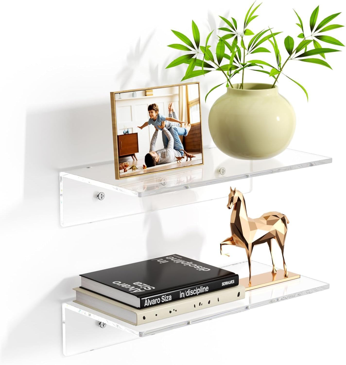 Ashani Creations Acrylic Floating Shelves, 4mm Thick 15 in Clear Wall Display Shelf Set, 2 Pieces, Wall-Mounted for Living Room, Bedroom (15 Inch-4mm-2Pcs)