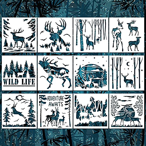 12 Pieces Deer Mountain Stencils for Painting on Wood DIY Animal Moon Tree Forest Painting Plastic Templates Forest Theme Stencils for Wall Home Decor, 10 x 10 Inches