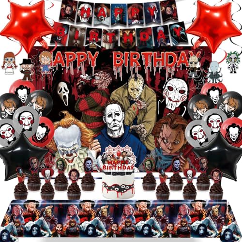 Favuit Horror Birthday Decorations for Boys Girls Adults Halloween Theme Party Supplies Kit with Happy Birthday Banner Balloons Cake Topper Backdrop Tablecloth Hanging Swirls