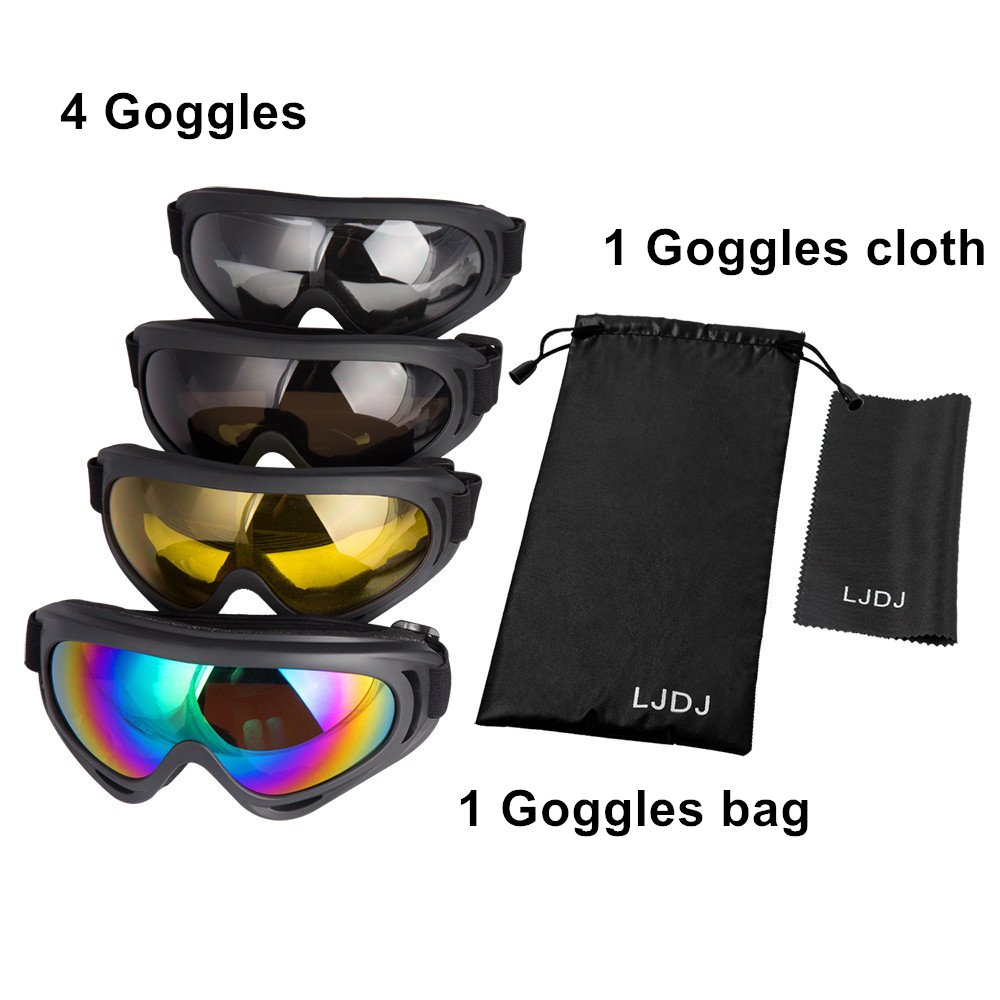 LJDJ Occhiali da sci, set da 4 pezzi, regolabili, protezione UV 400, per moto, sport esterni, colorati + trasparenti + giallo + tawny