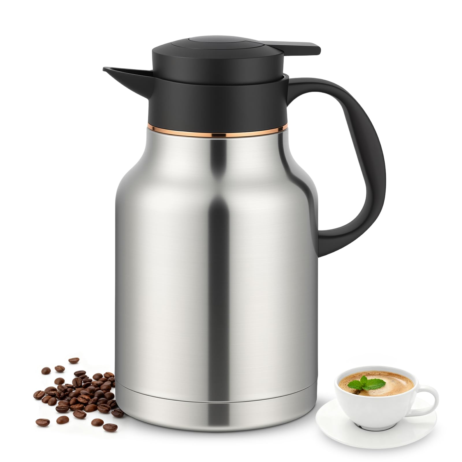 BEZORR 1.8 Litre Stainless Steel Thermal Carafe Jugs with Tea Strainer, Thermal Coffee Carafe with Lid, Double Walled Vacuum Insulated Coffee Pot with Press Button Top for Coffee/Juice/Milk/Tea