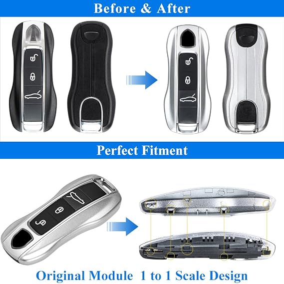 AeroBon 3-Piece Painted Key Fob Cover Compatible with Porsche Key Shell, Key Fob Shell Replacement (MK2, Silver)