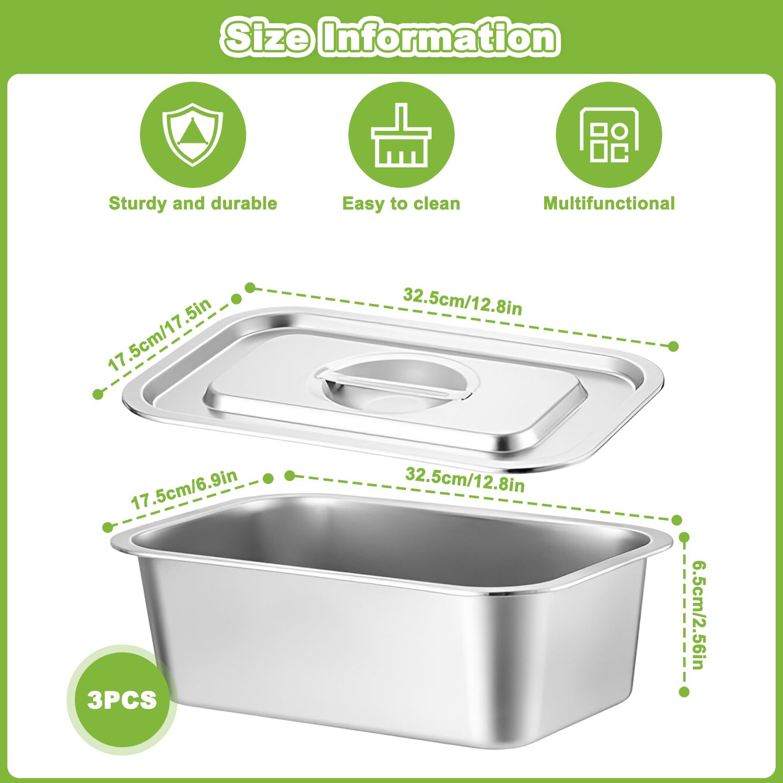 Pack De 3 Recipientes De Acero Inoxidable Con Tapa - Tamaño 1/3 Gastronorm (32.5x17.5x6.5 Cm), Ideales Para Cocina Y Buffet