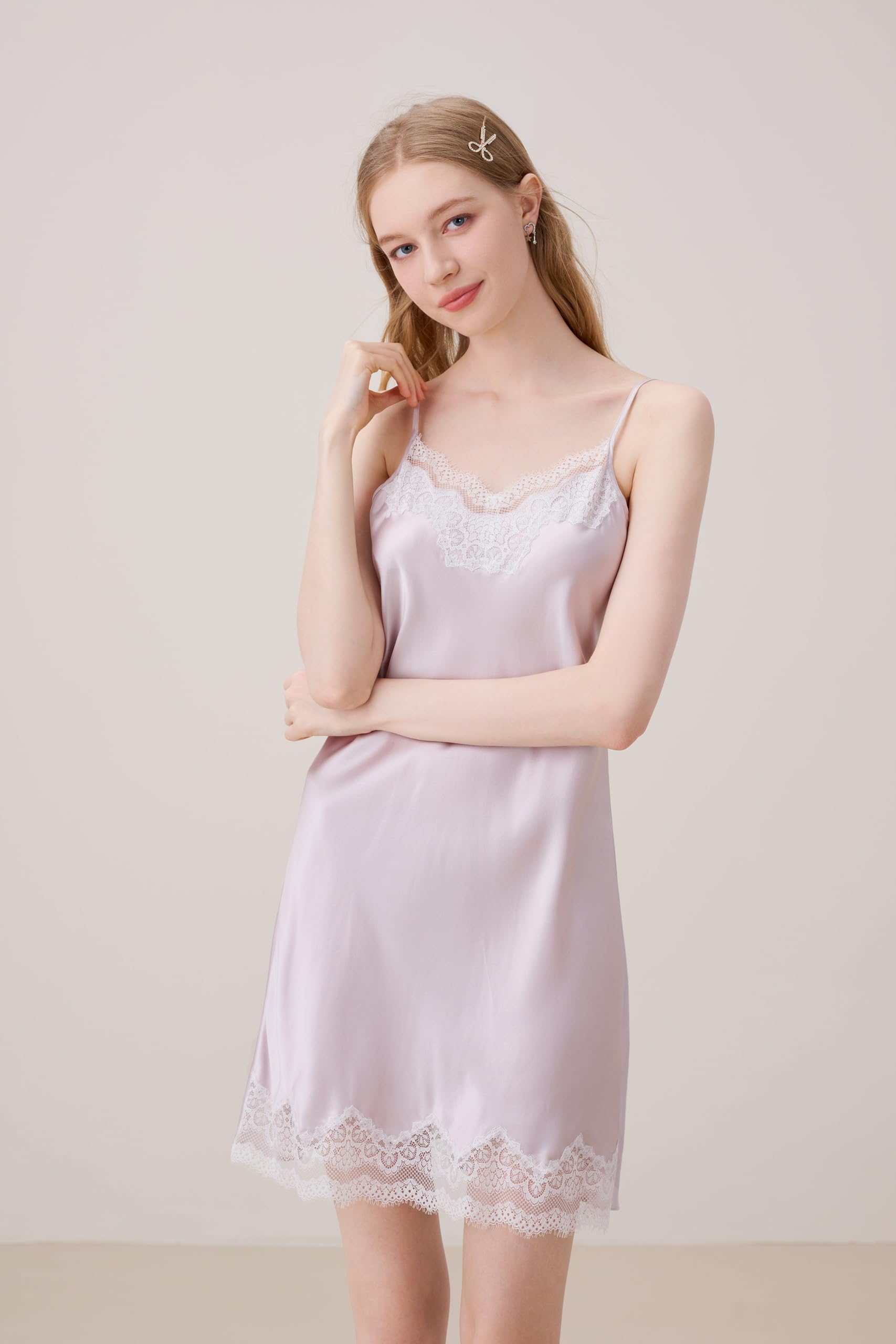Bata de seda de morera, conjunto de bata de encaje de seda y bata en lavanda de manga larga para mujer