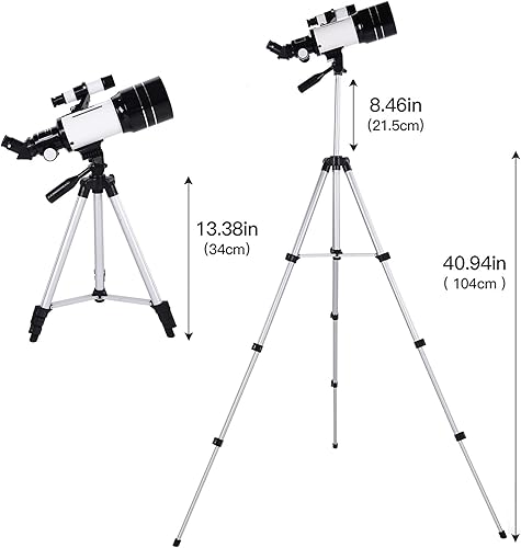 Miniatura 5 de Telescopio de refracción astronómica para niños, 2.756 in de apertura de 11.811 in AZ Mount Telescopio refractor, con trípode ajustable, adaptador