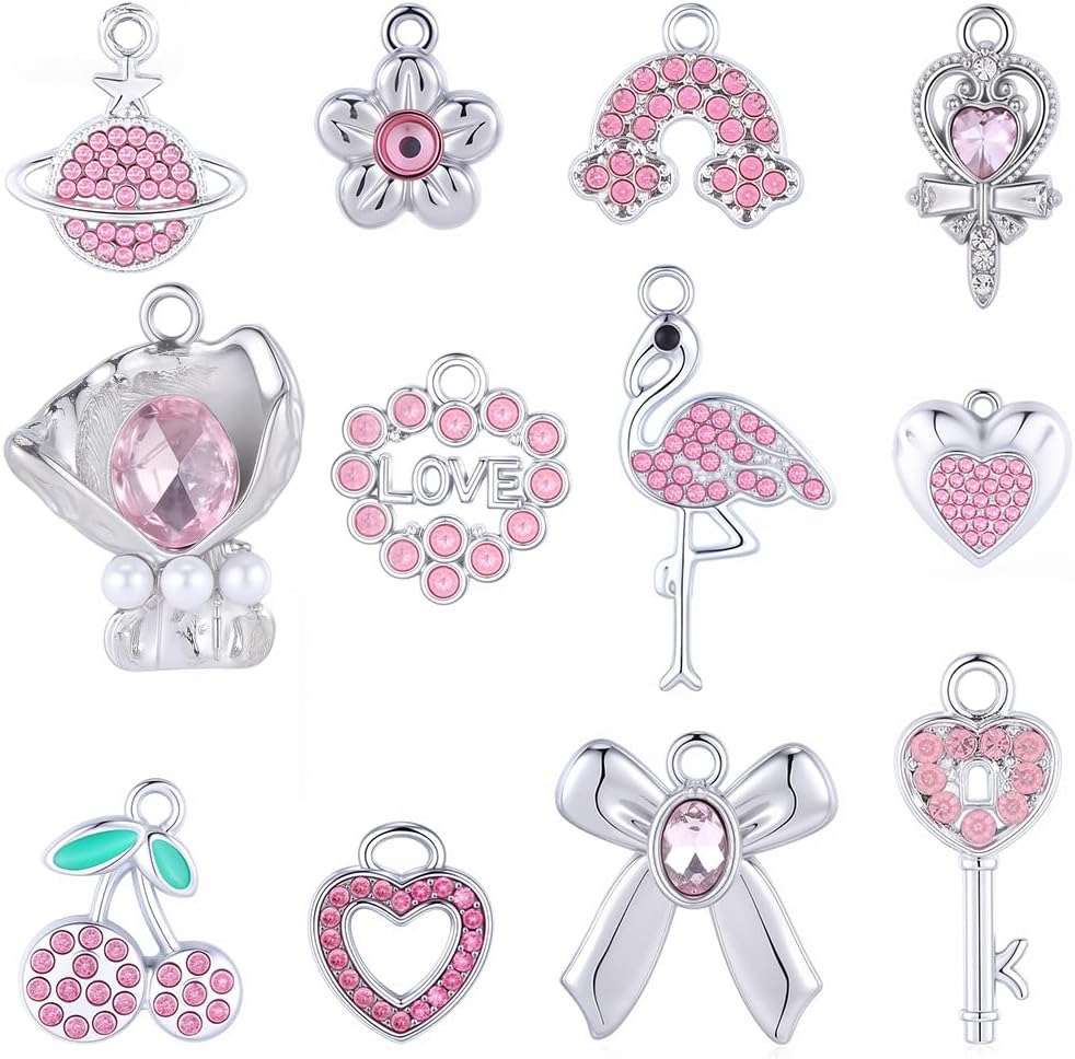 SUNNYCLUE 36Pcs 12 Styles Heart Rhinestone Charms Pink Diamond Charms Silver Alloy Small Gems Shine Cherry Bowknot Flower Rainbow Aesthetic Pendants for Jewelry Making Necklaces Bracelets DIY Crafts