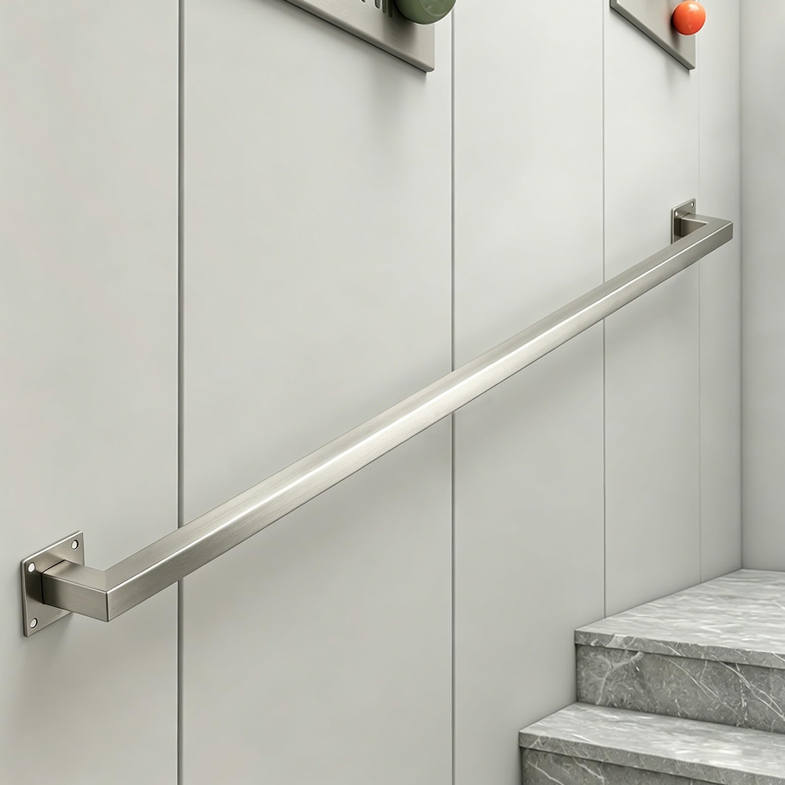 Hamankim One Color Stair Handrail Railing, Silver Stainless Steel Banister Wall Mount Hand Rail, Square Tube Design, 1M/2.8M/3M/3.5M/4M/4.2M Corridor Safety Grab Rails - Customizable Length(17Ft/5.1M)
