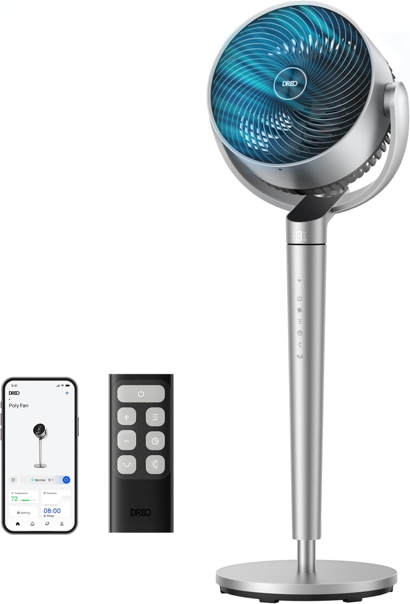 Pedestal Fan with Remote, PolyFan 704S, 42.5" Quiet Standing Fan for Home Bedroom, 150°+120° Smart Oscillating Floor Fans