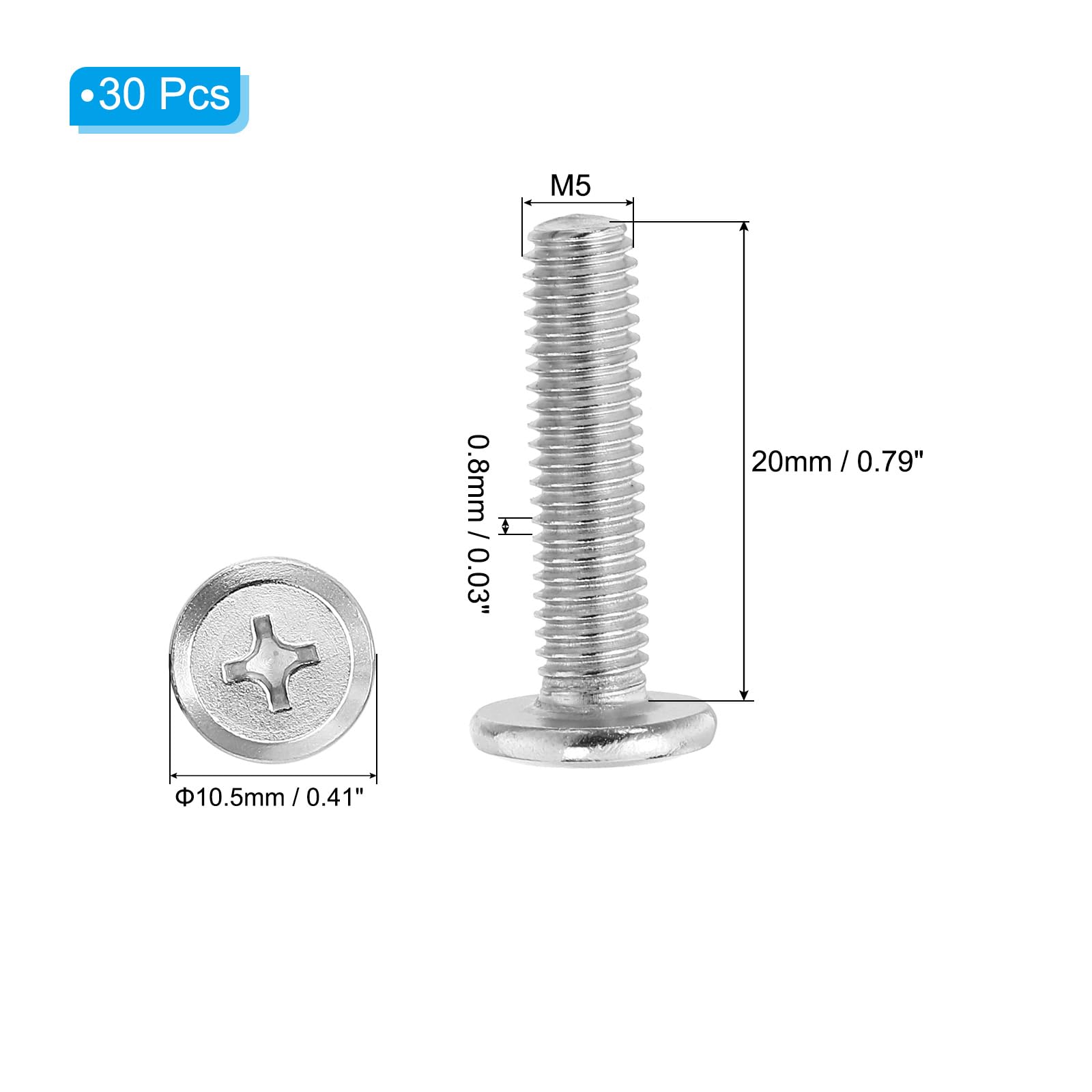 PATIKIL Round Head Phillips Screws, 30 Pack M5-0.8 x 20mm 304 Stainless Steel 18-8 Full Thread - Image 2