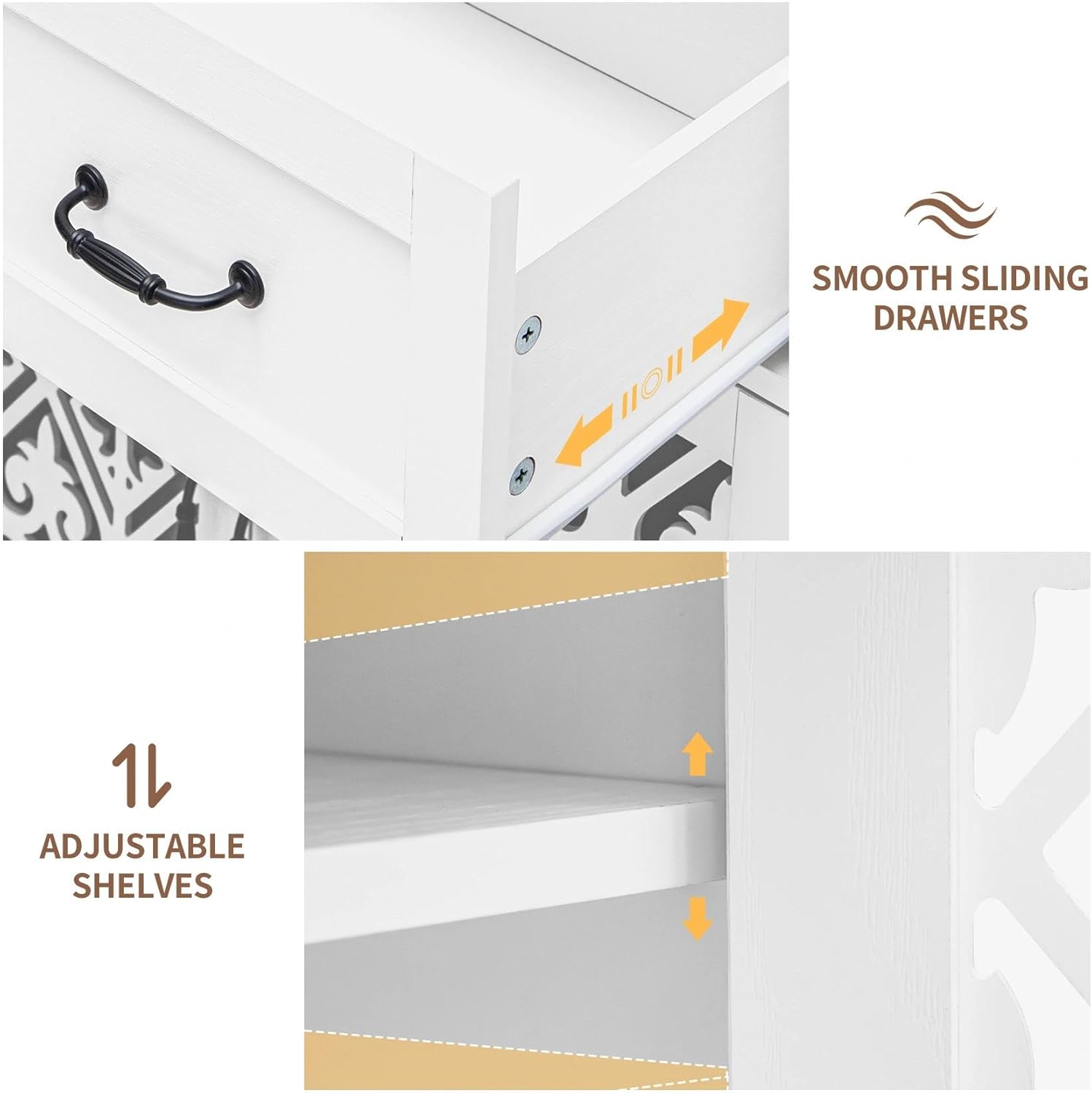 59-Inch Extra Wide Farmhouse Sideboard Buffet Cabinet 4 Heart Carving Doors 2 Drawers, Large Console Table Adjustable Shelves for Entryway, Living Room, Dining Room – White