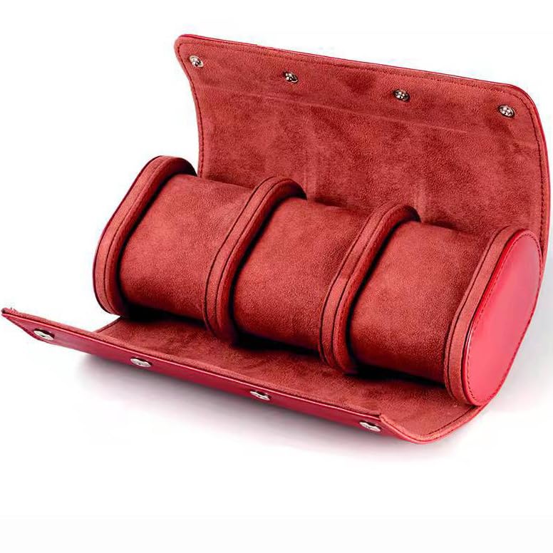 Boîte de rangement montre voyage en cuir PU rouge à 3 slots
