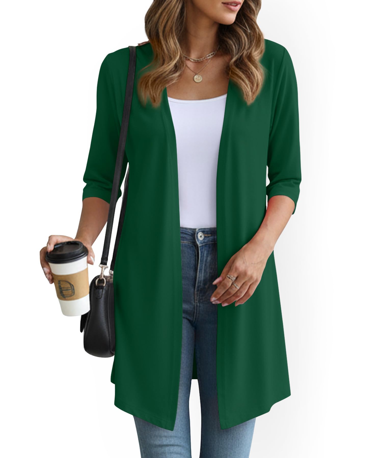 YSYOKOW Lightweight Cardigans for Women 3/4 Sleeve Long Open Front