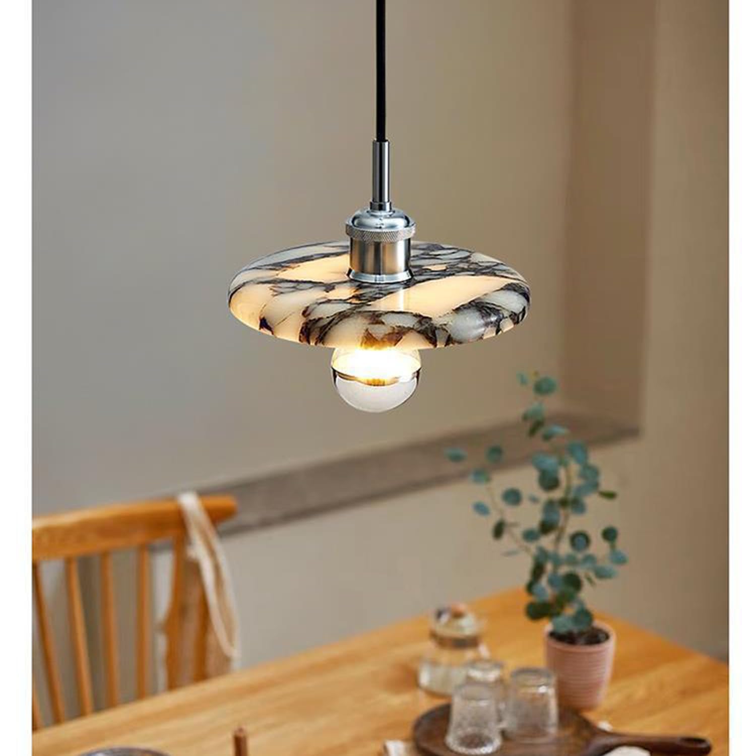 Lampada a sospensione in marmo naturale in stile spagnolo a in pietra di metà secolo Lampadario a testa singola Plafoniera con venature lucidate a mano(30cm)