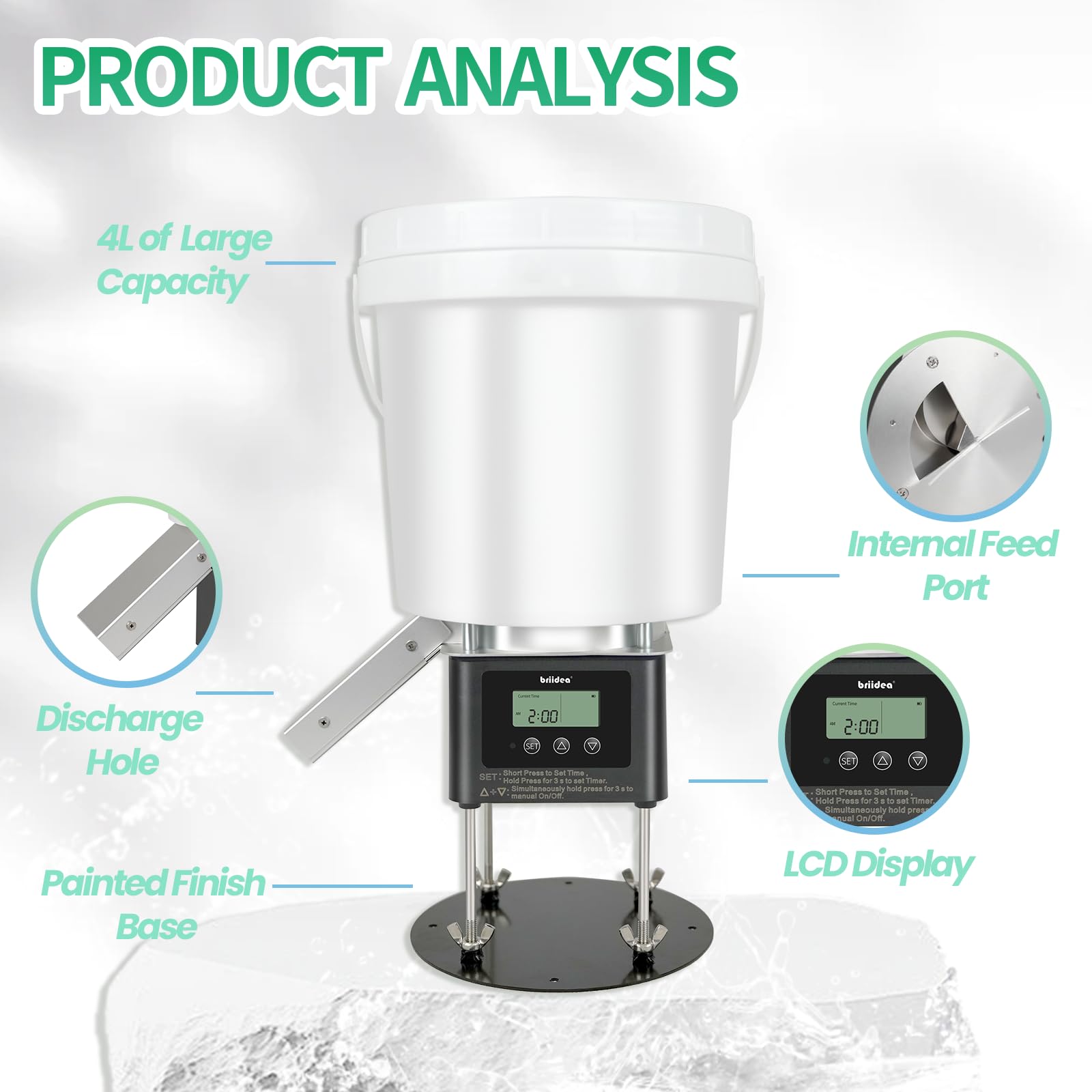 briidea - Comedero automático de peces para estanque, comedero de estanque al aire libre con capacidad de 4 litros, alimentación temporizada, sistema antiobstrucción, diseño a prueba de vida silvestre