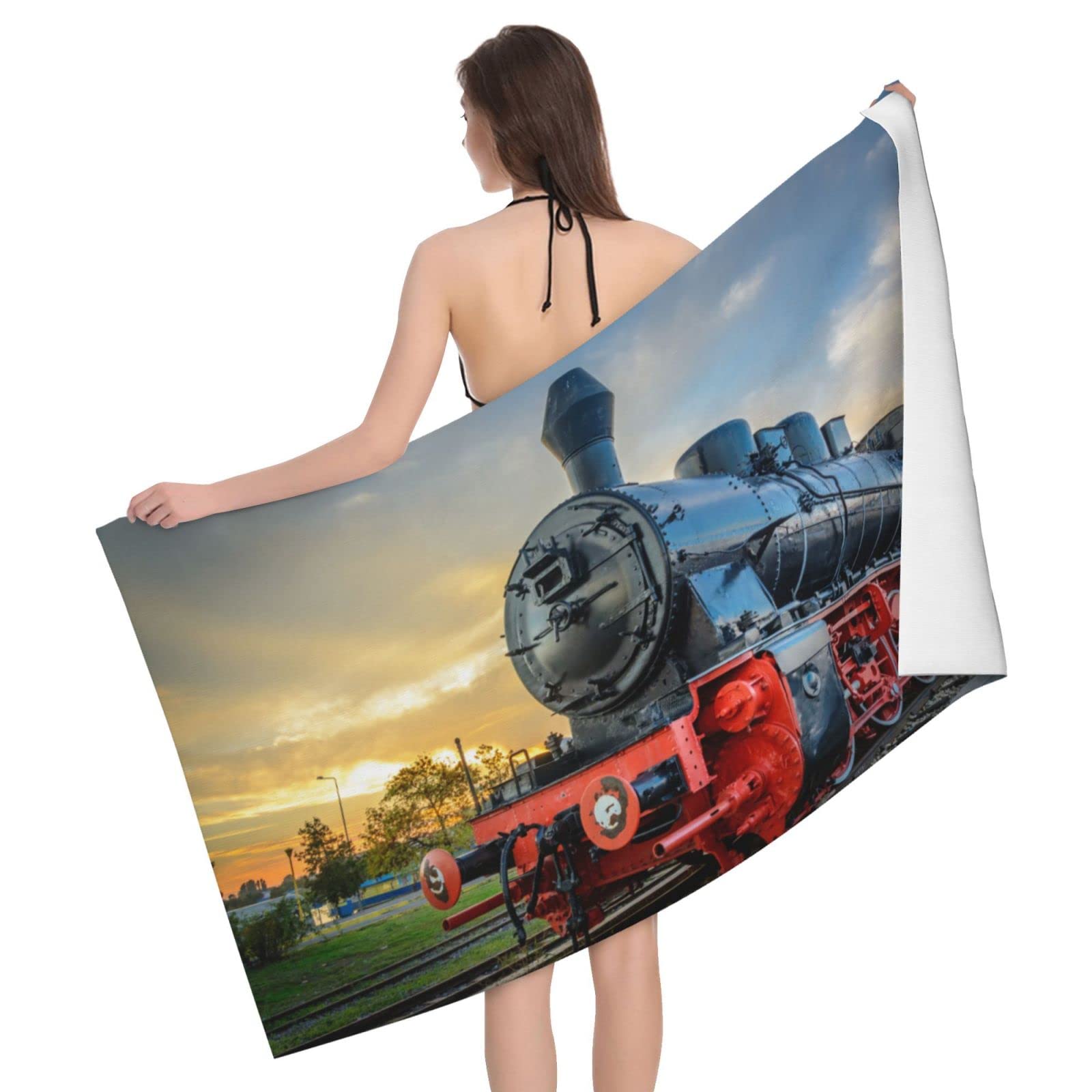 Steam Train Old Engine Train Beach Towels Quick Dry Microfiber Soft and Absorbent Bath Towel Outdoor Travel Oversized Beach Towel for Adults Boys Girls