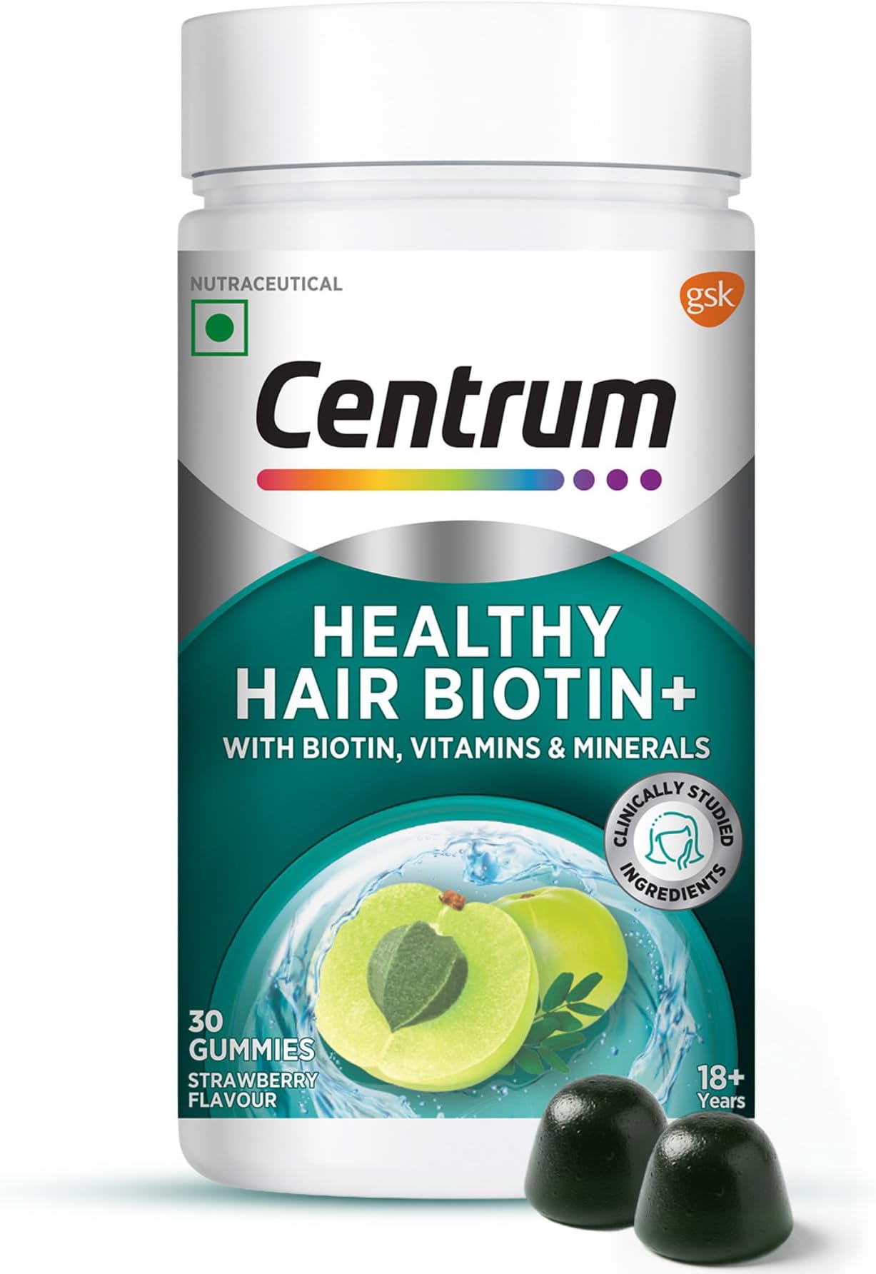 Centrum Healthy Hair Biotin+ Gummies | With Biotin, Zinc, Folic Acid, Vitamin B12, C, D for Hair Growth, Volume, Shine | Strawberry Flavour | Veg - 30 Gummies