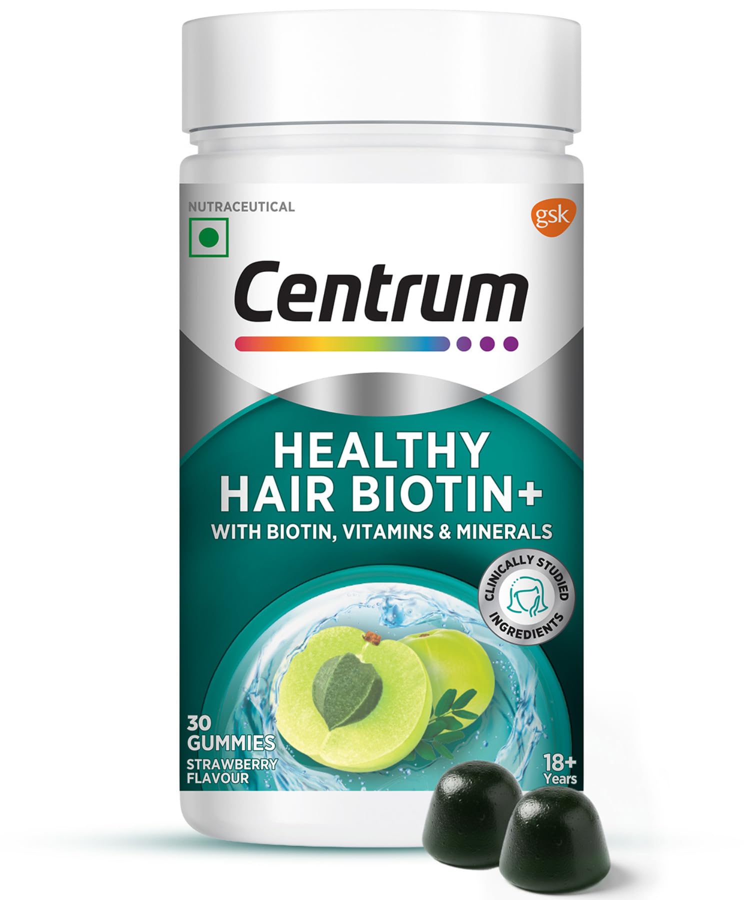 Centrum Healthy Hair Biotin+ Gummies | With Biotin, Zinc, Folic Acid, Vitamin B12, C, D for Hair Growth, Volume, Shine | Strawberry Flavour | Veg - 30 Gummies
